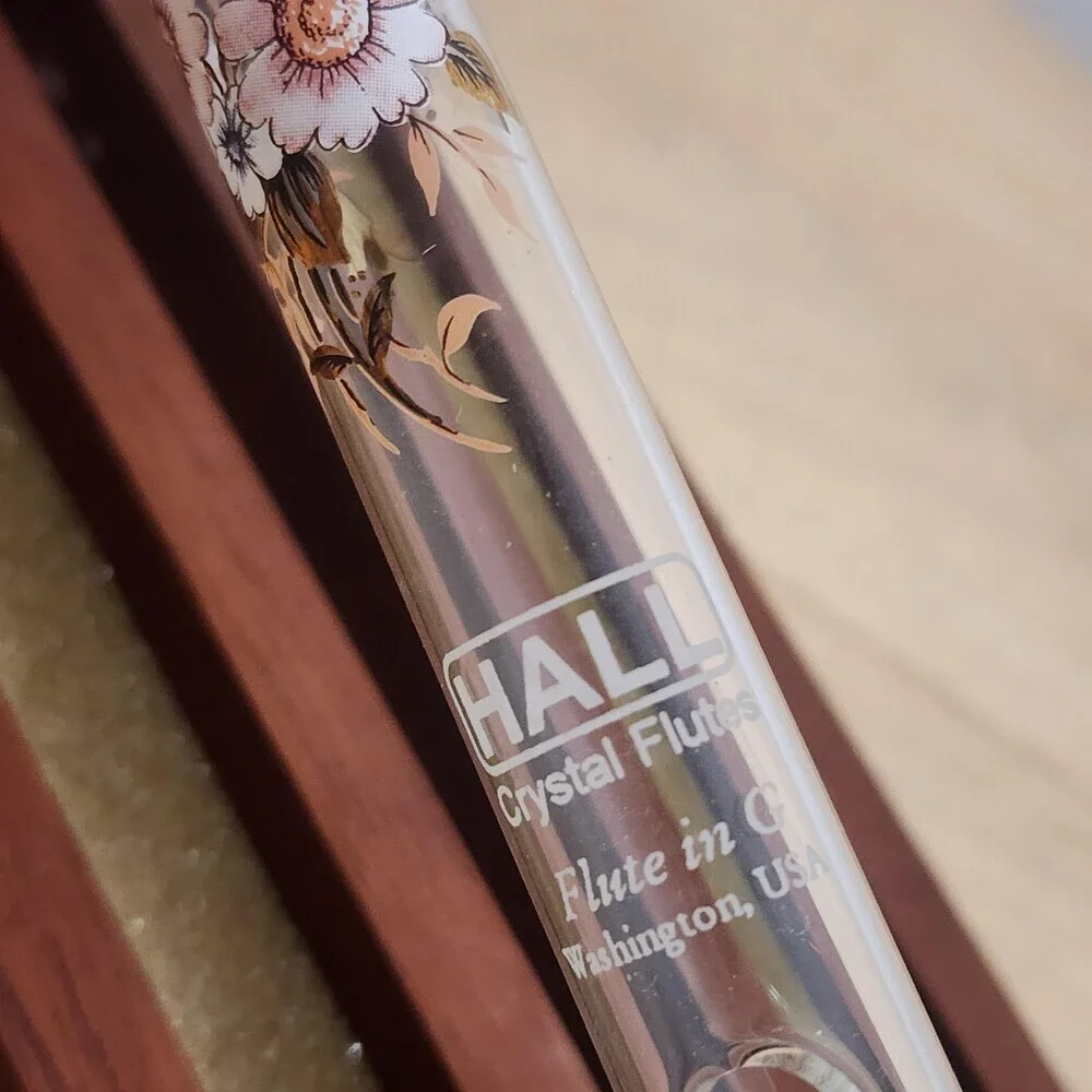 Hall Crystal Flute In G Clear Open Hole Fife Wood Case Hand Painted Floral USA